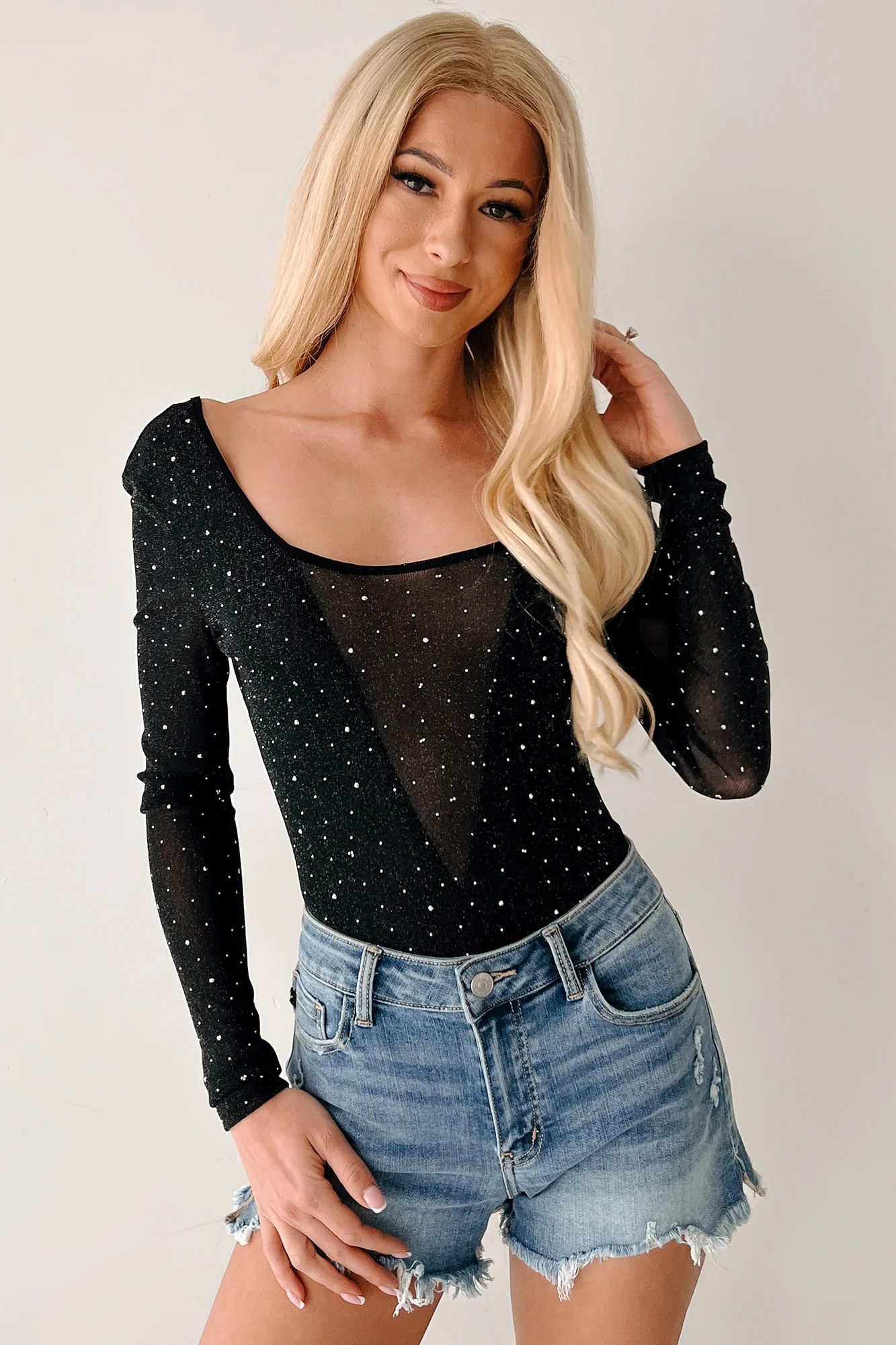 Sparkle Over Stress Rhinestone Mesh Bodysuit (Black) - Image 3
