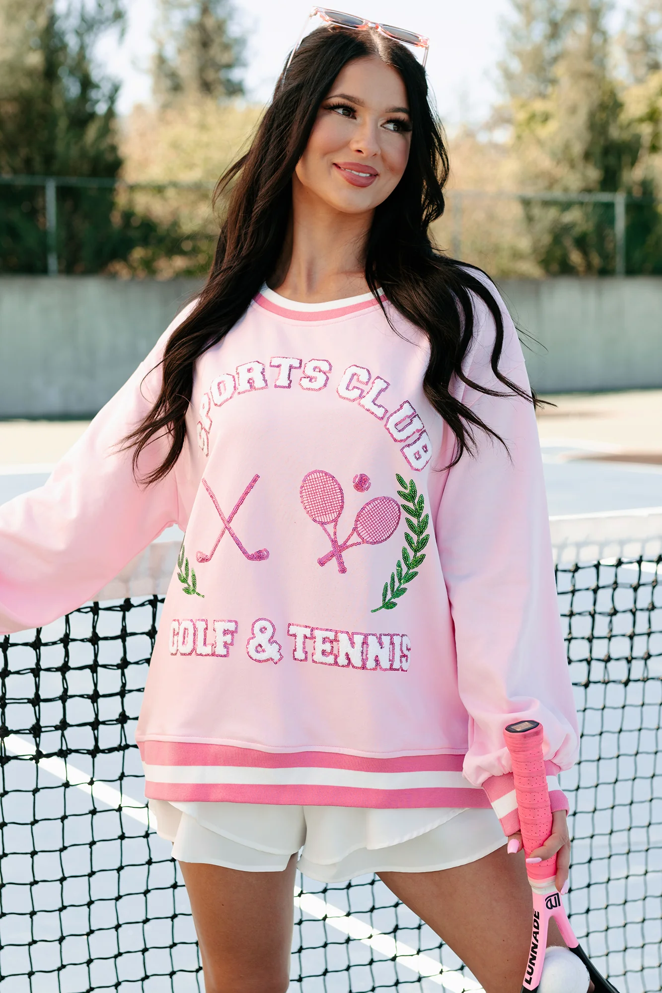 "Sports Club" Sequin Patch Sweatshirt (Light Pink) - Image 5
