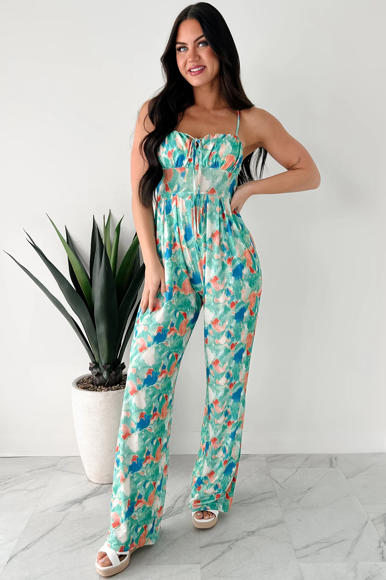 Step Into Stillness Watercolor Print Jumpsuit (Green) - Image 4