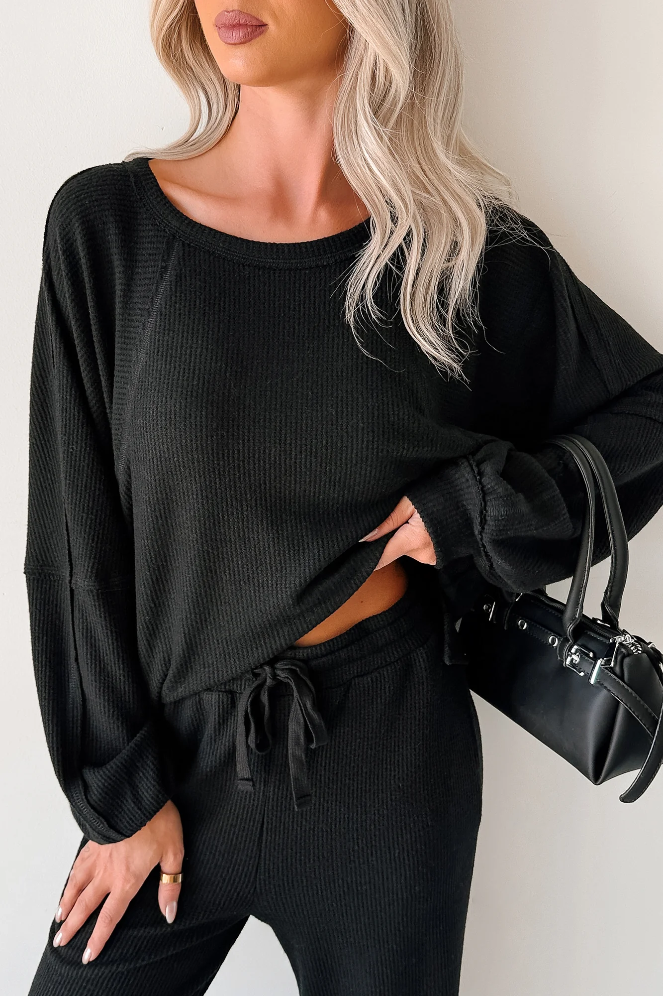 Still Breathing Waffle Knit Long Sleeve Top (Black)
