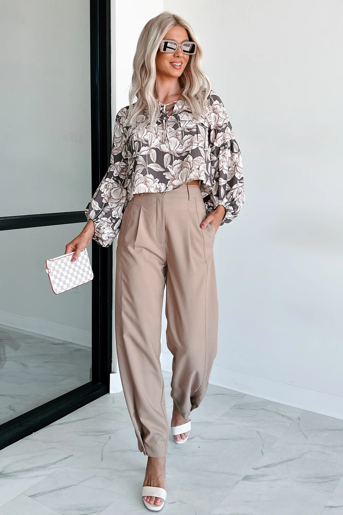 Subtle Blooms Floral Lace-Up Peasant Top (Espresso) - Image 5