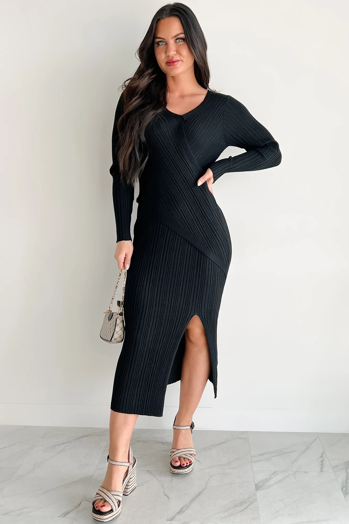 Sunday Brunch Ribbed Long Sleeve Maxi Dress (Black)