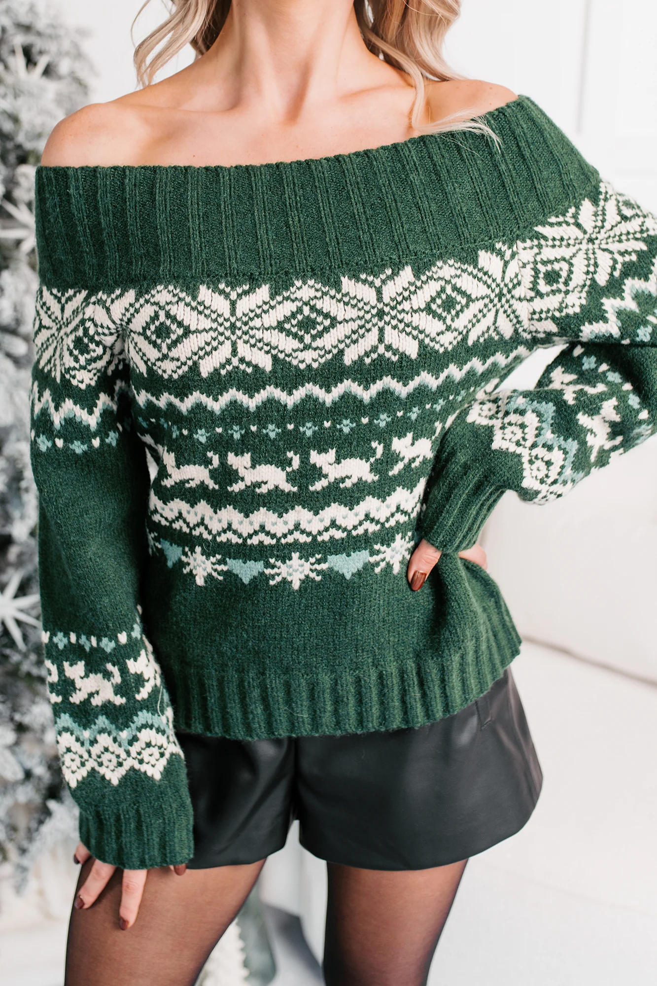 Sweet Stitches Fair Isle Off Shoulder Sweater (Hunter Green) - Image 3