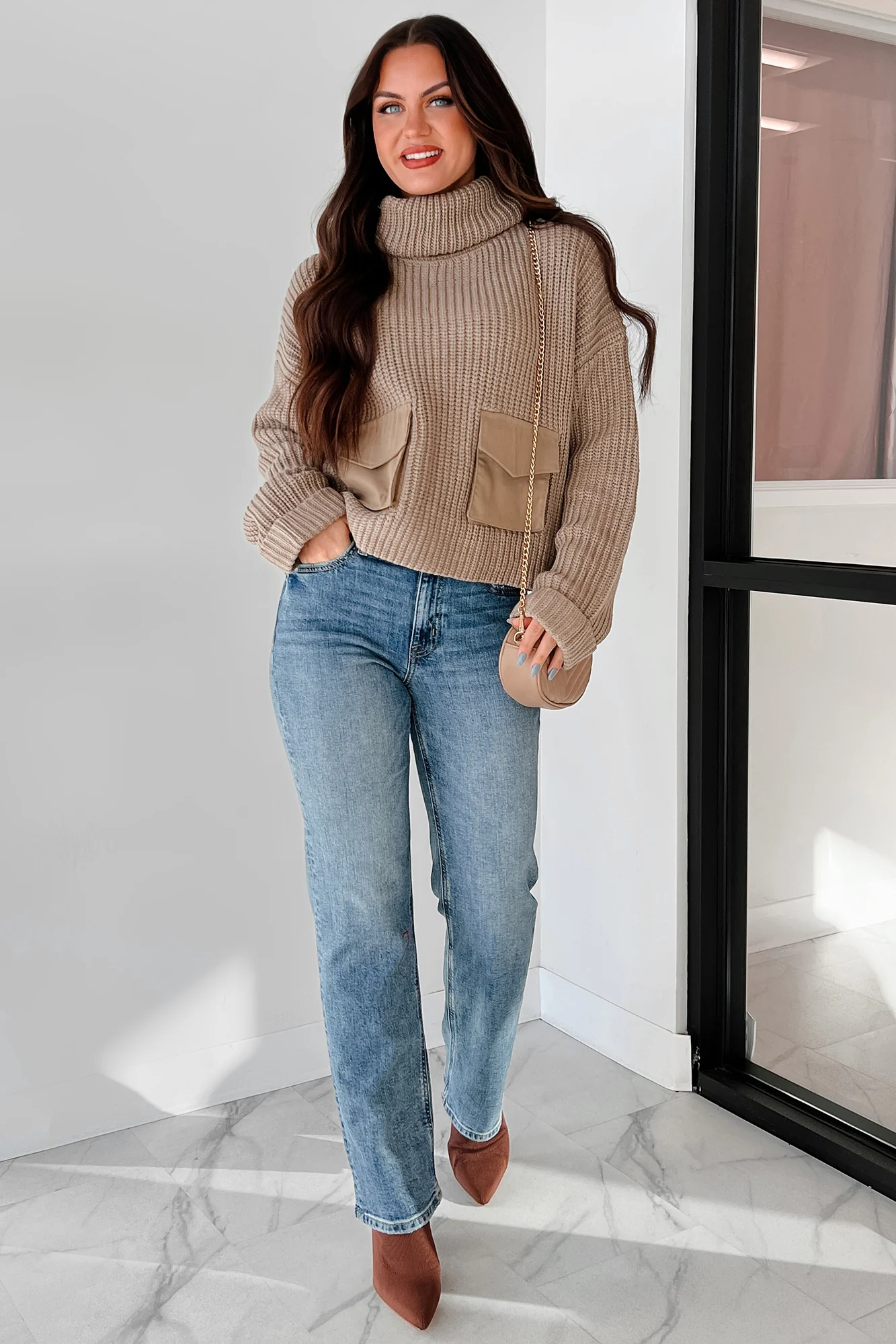 Tell Me Everything Cowl Neck Cargo Sweater (Taupe) - Image 2