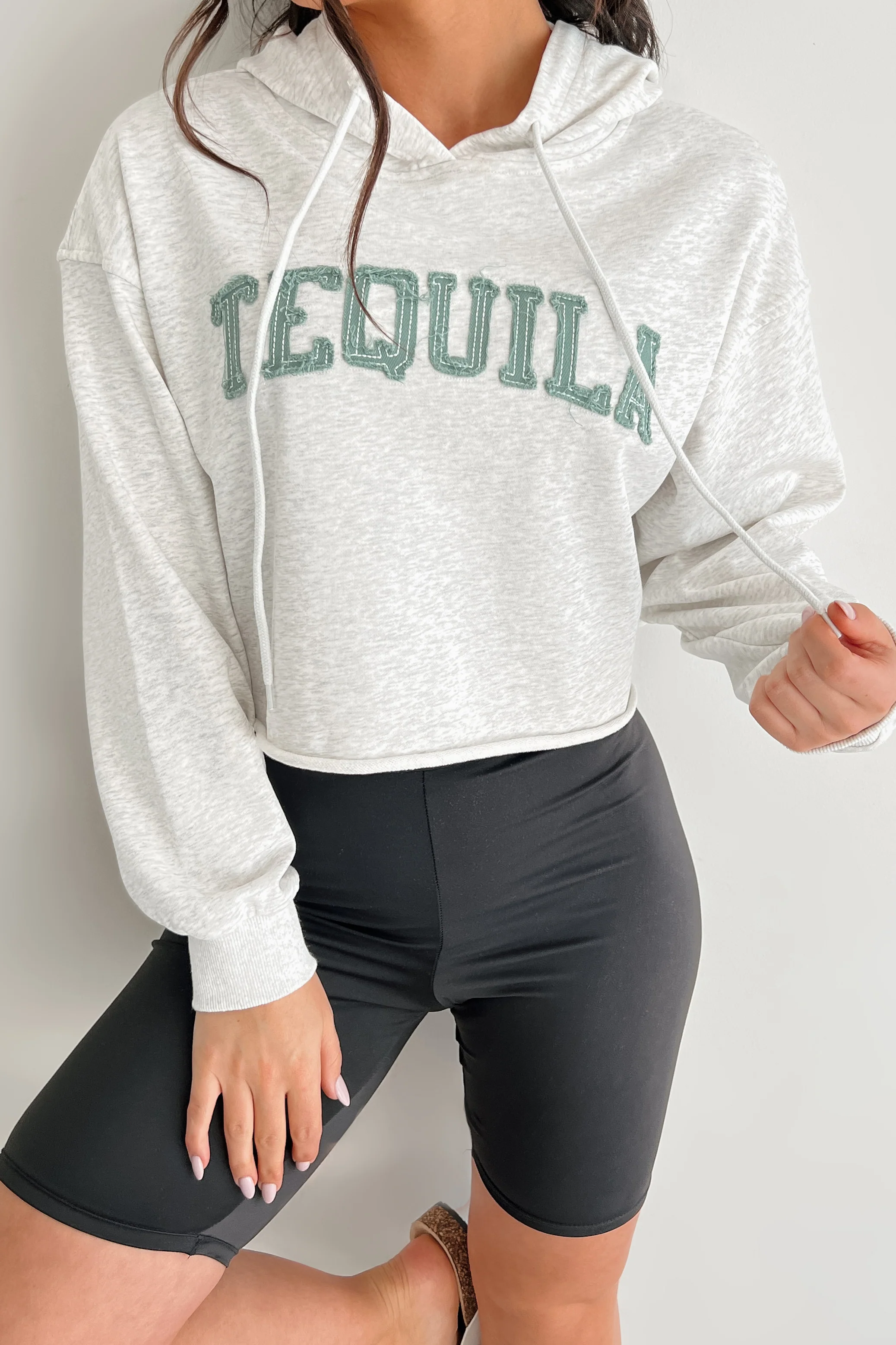 "Tequila" Embroidered Crop Hoodie (Heather Grey) - Image 5