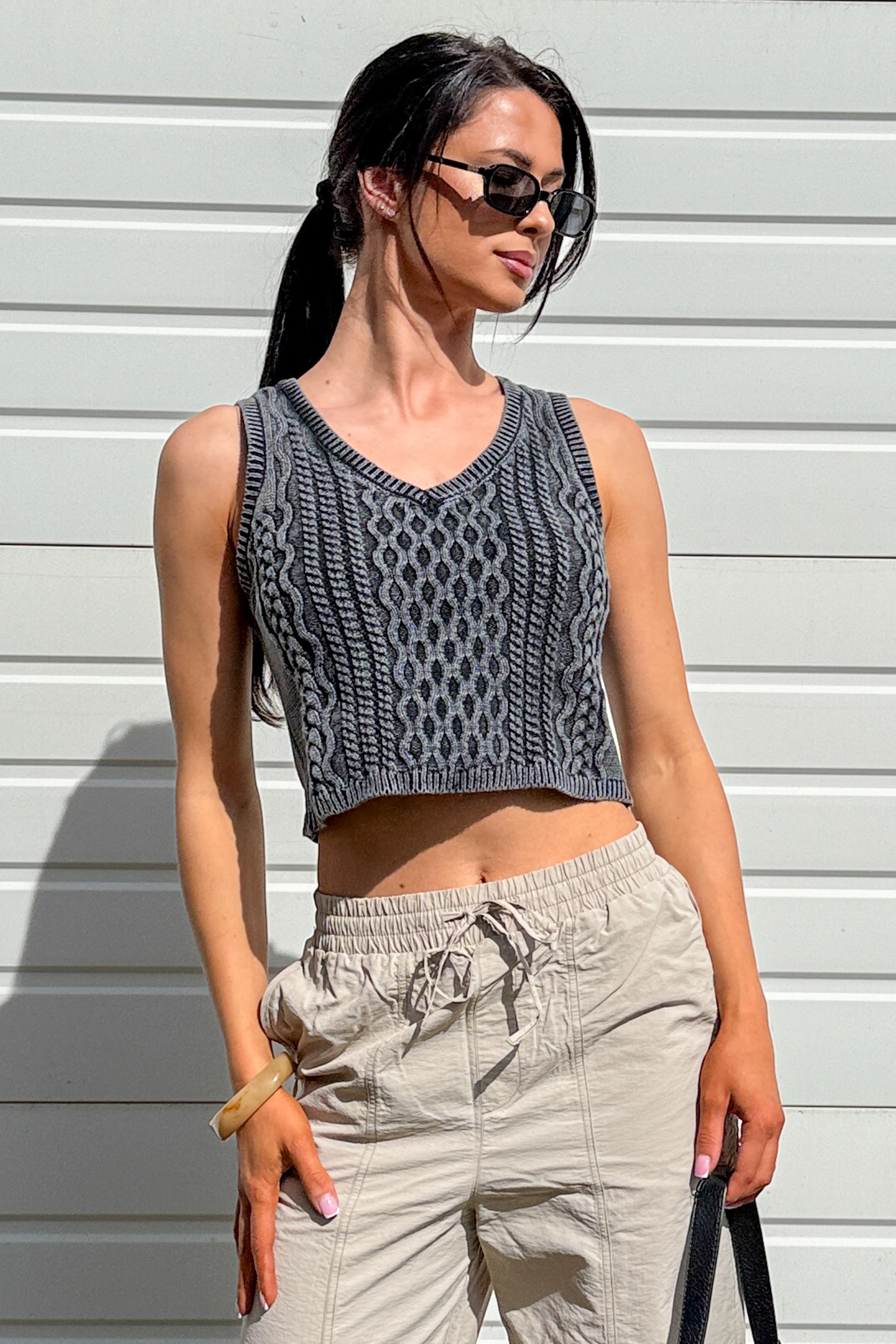 The Comfort Edit Cable Knit Cotton Crop Tank Top (Washed Grey)
