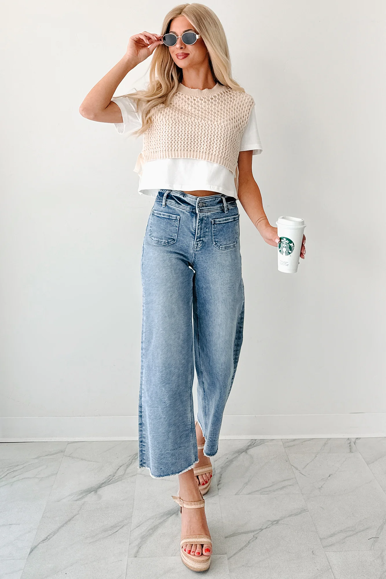 Too Cool To Care Layered Crochet Vest Tee (Bone) - Image 2