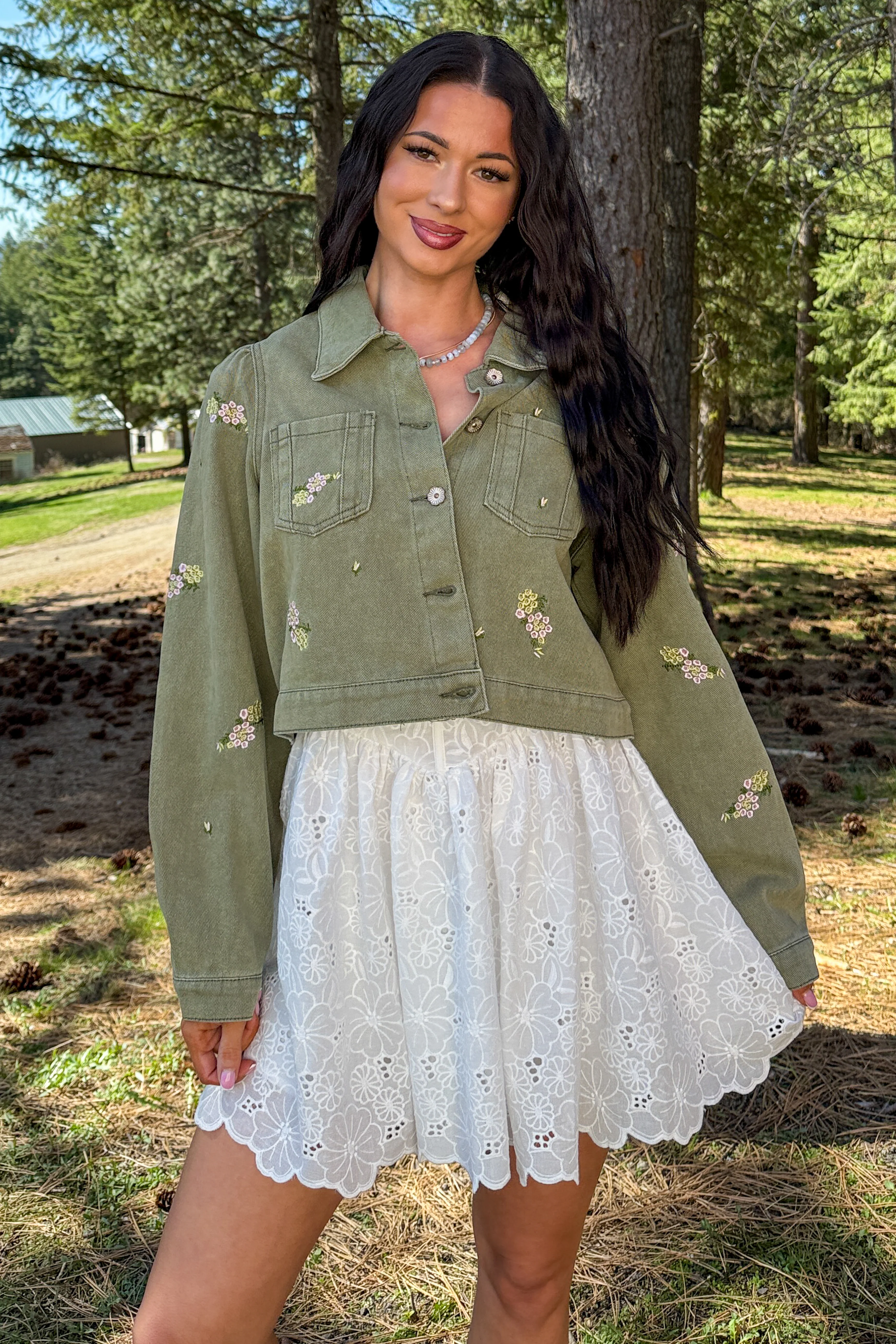 Under The Sun Floral Denim Cropped Shacket (Olive) - Image 2