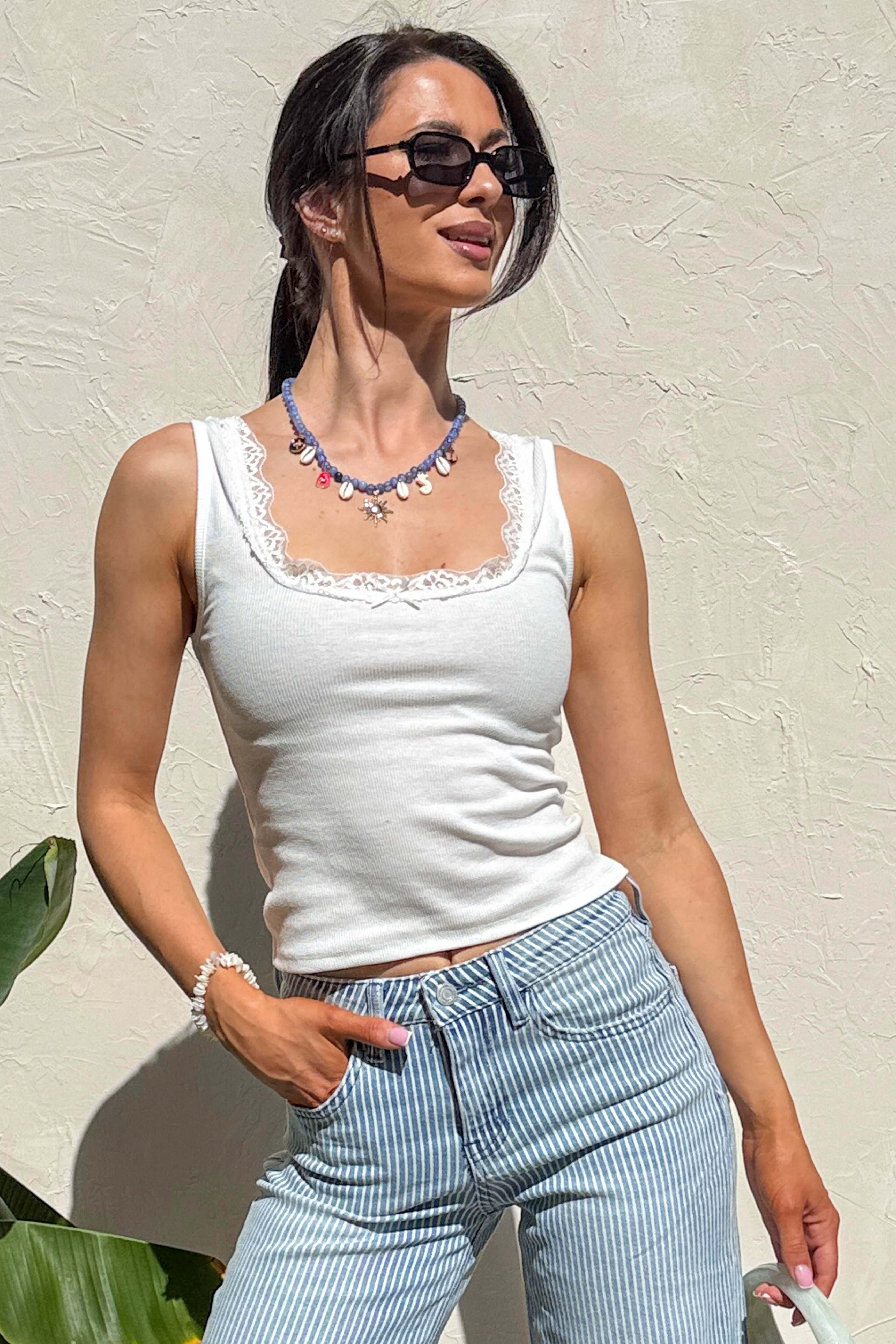 Understated Beauty Lace Trimmed Tank Top (White)