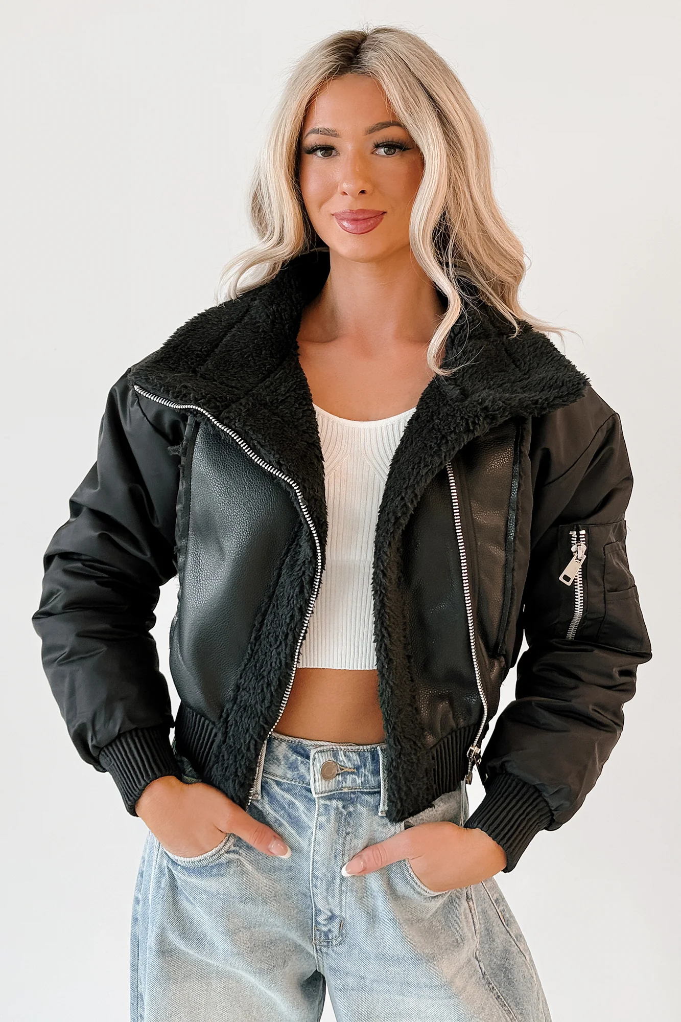 Untamed Icon Faux Leather Sherpa Jacket (Black)