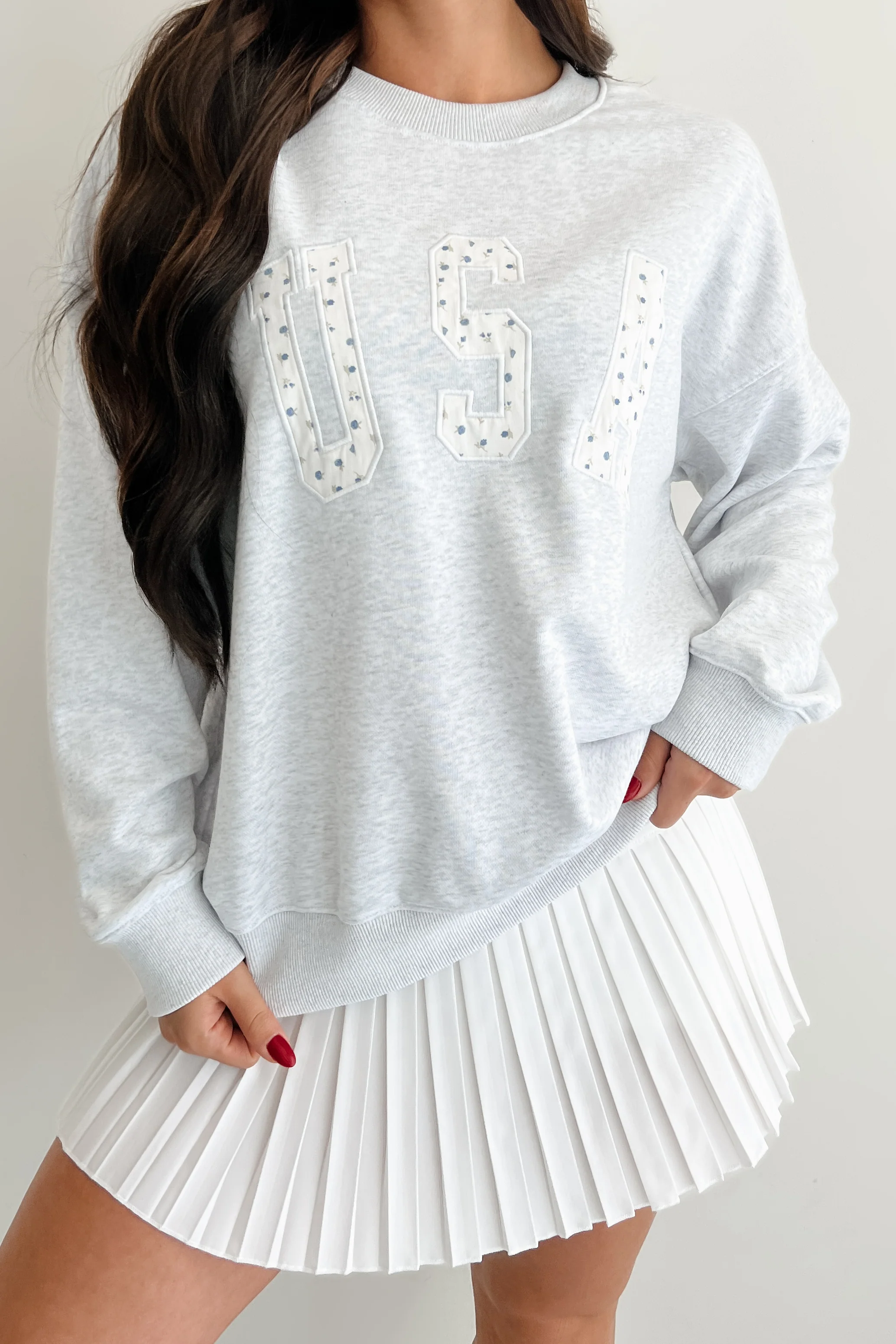 "USA" Floral Embroidered Sweatshirt (Light Grey) - Image 11