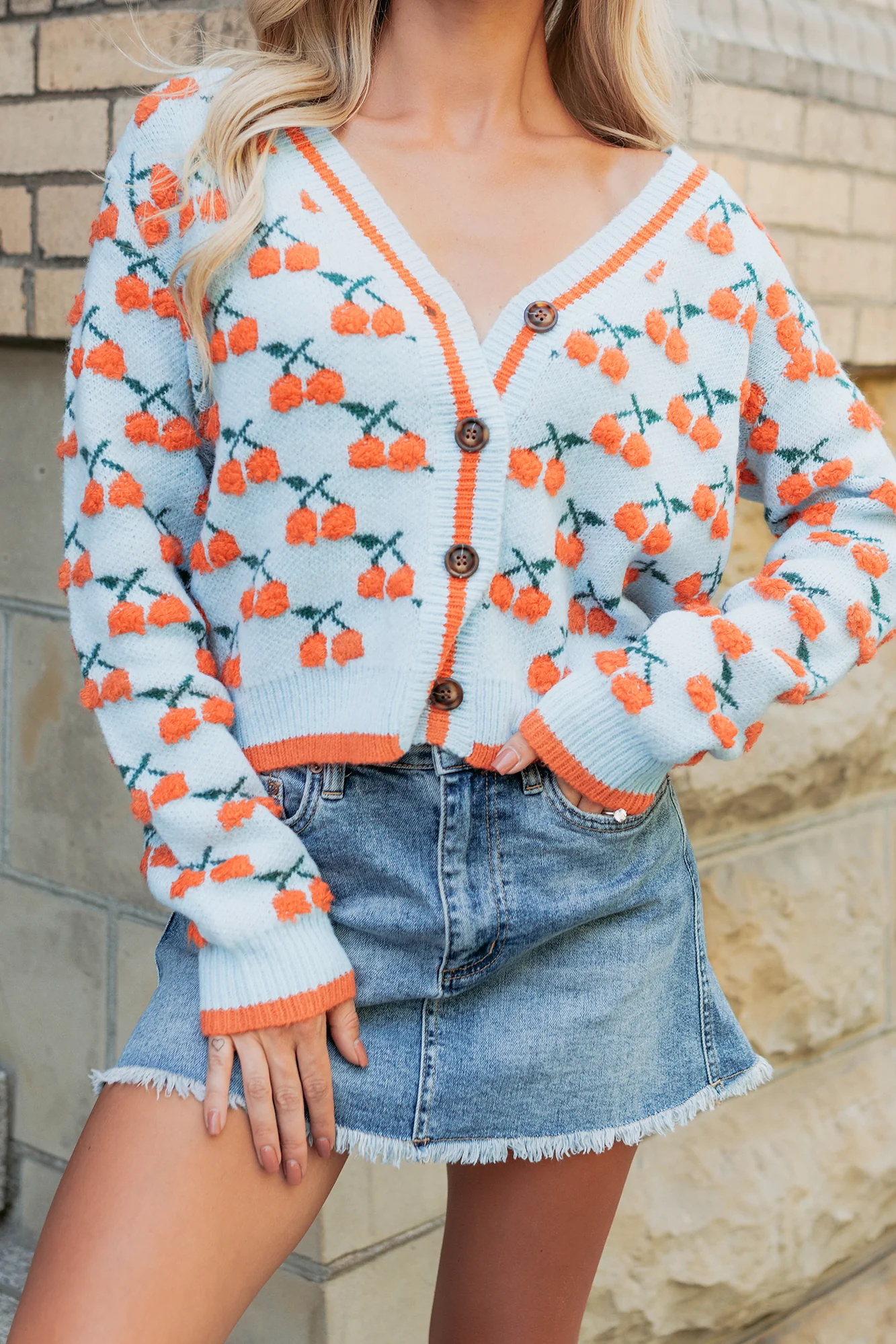Vibrant Life Cherry Knit Cardigan (Light Blue/Orange) - Image 3
