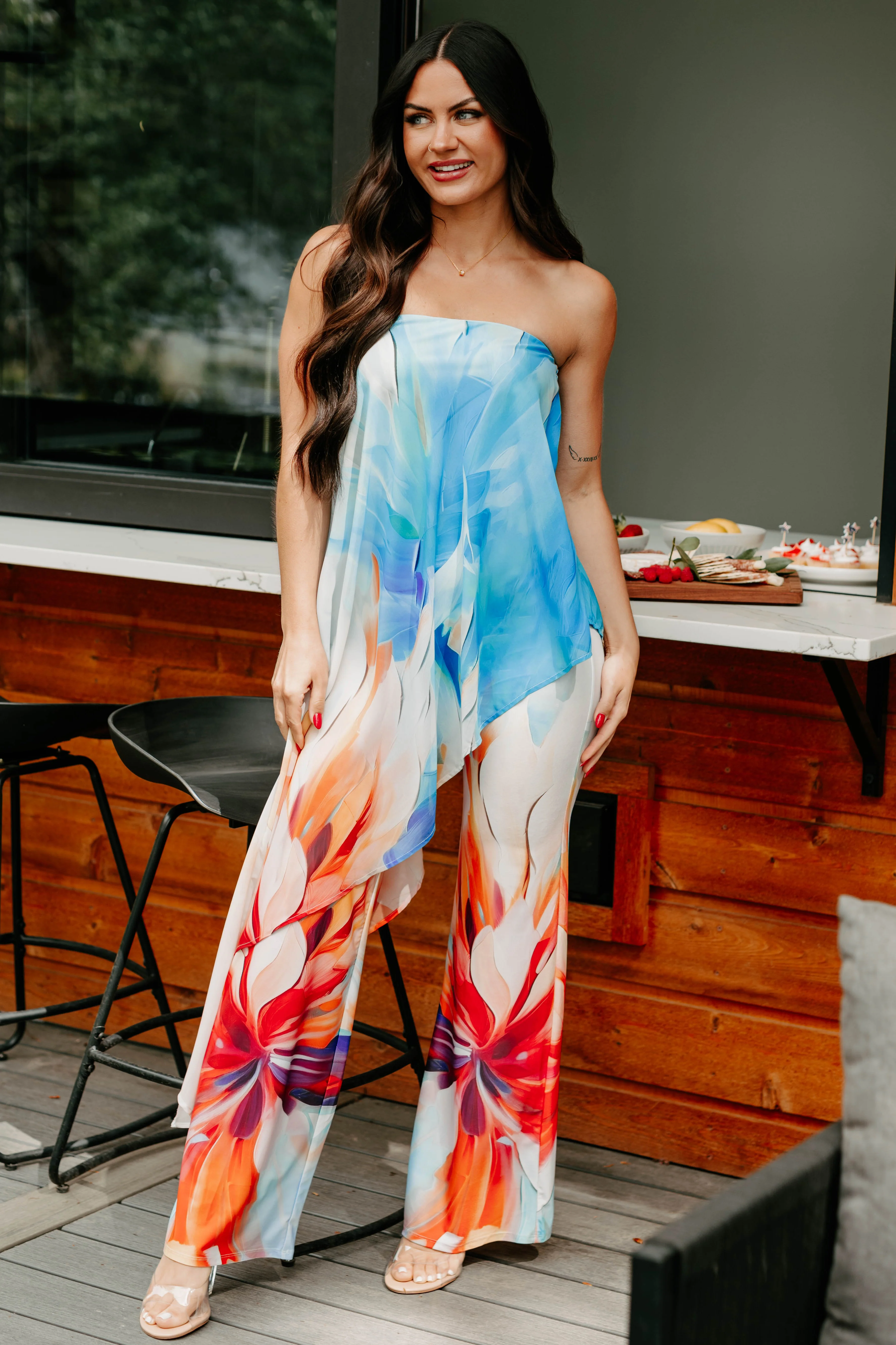 Wander Wildly Strapless Flowy Jumpsuit (Blue/Multi)