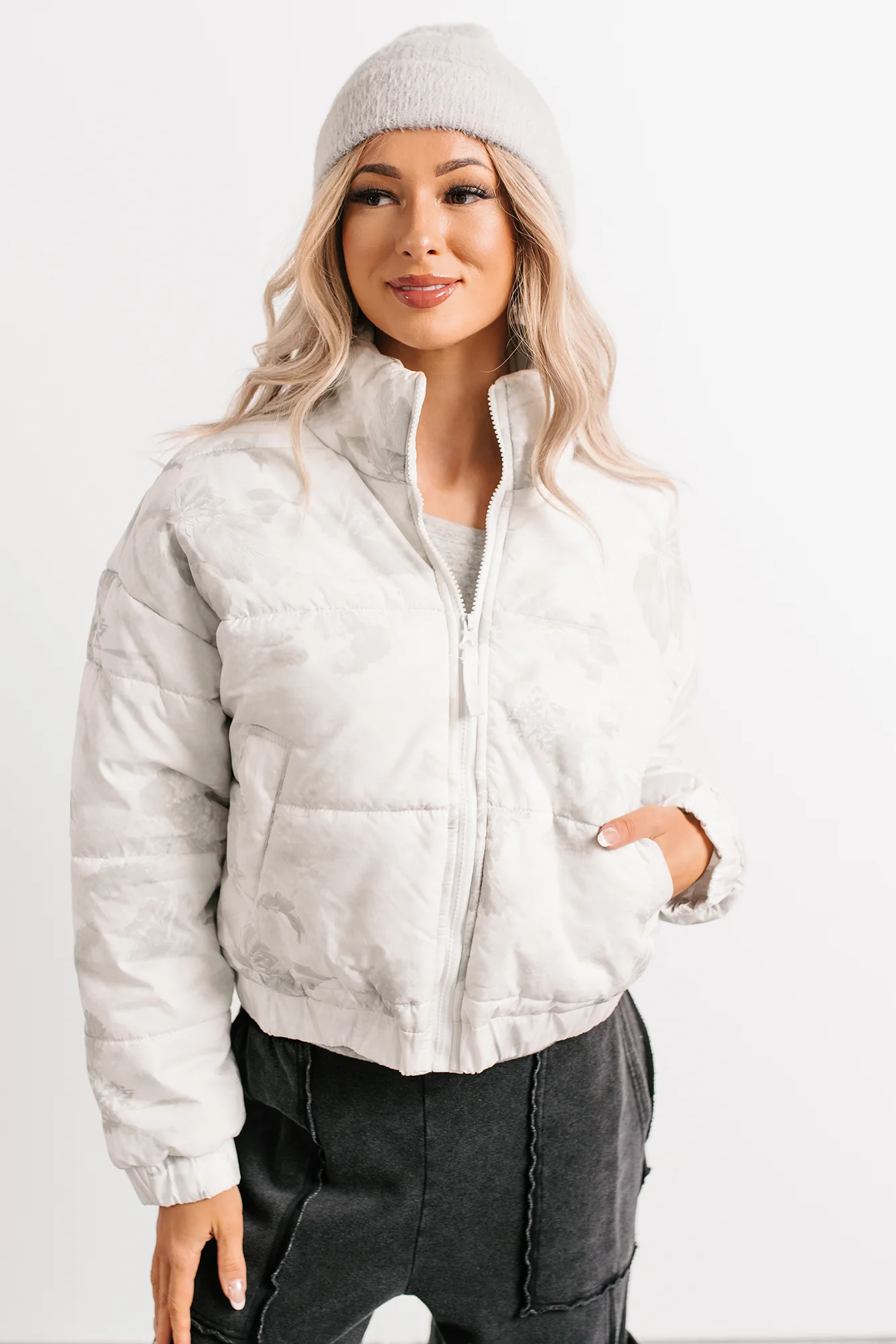 Winter Blooms Floral Puffer Jacket (White/Grey) - Image 3