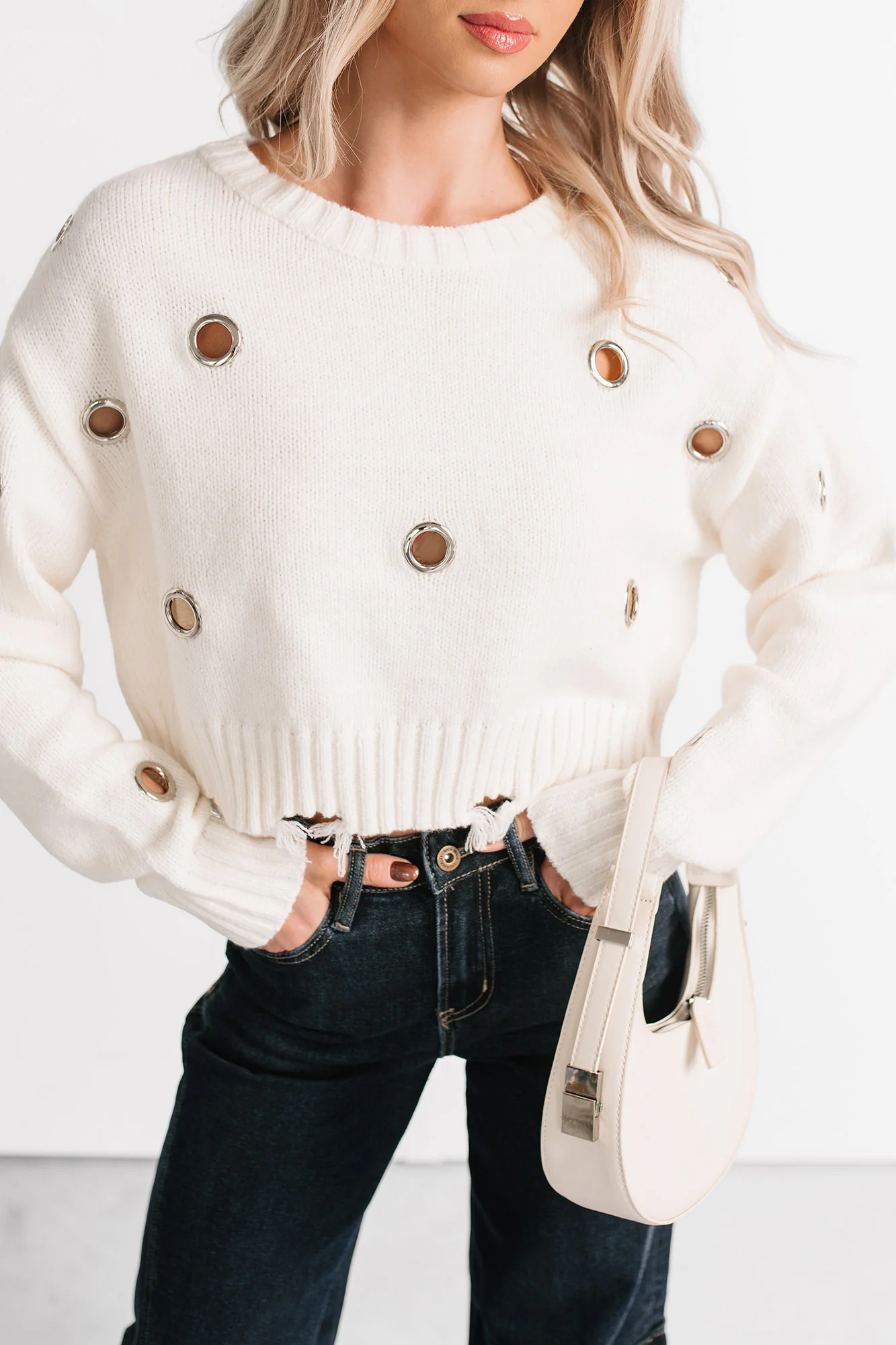 Winter Slow Distressed Grommet Sweater (Ivory) - Image 6